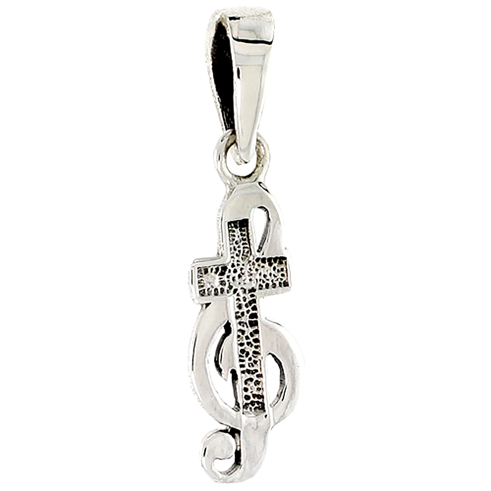 Sterling Silver Crucifix over G-Clef Charm, 3/4 inch tall