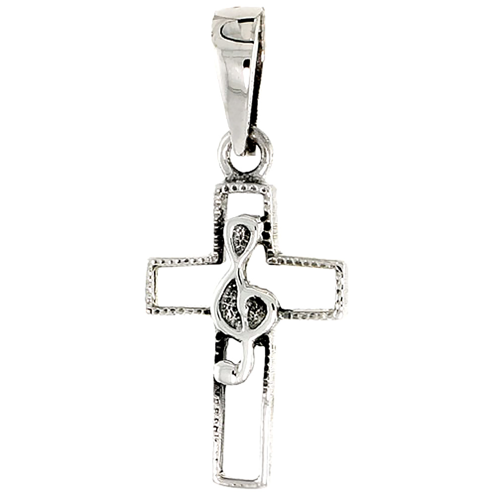 Sterling Silver G-Clef over a Crucifix Charm, 3/4 inch tall