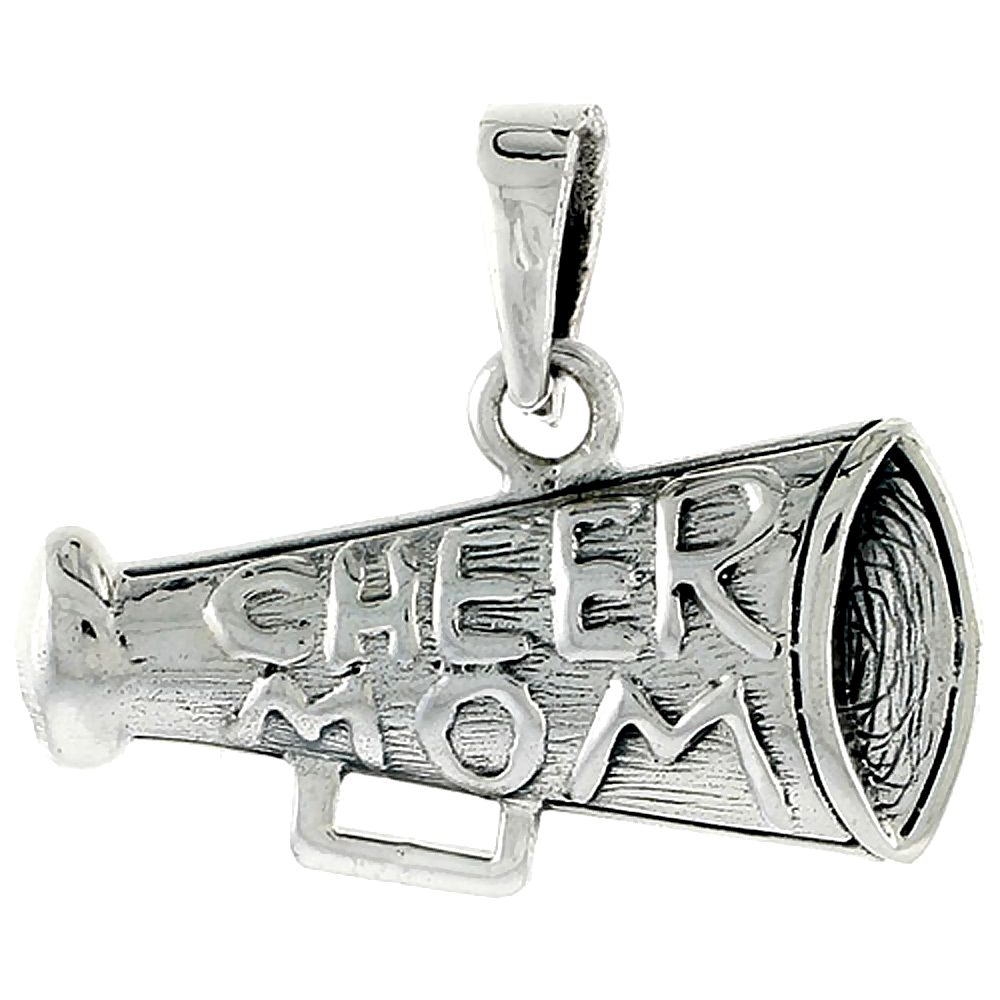 Sterling Silver Cheer Mom on Megaphone Word Charm, 3/8 inch tall