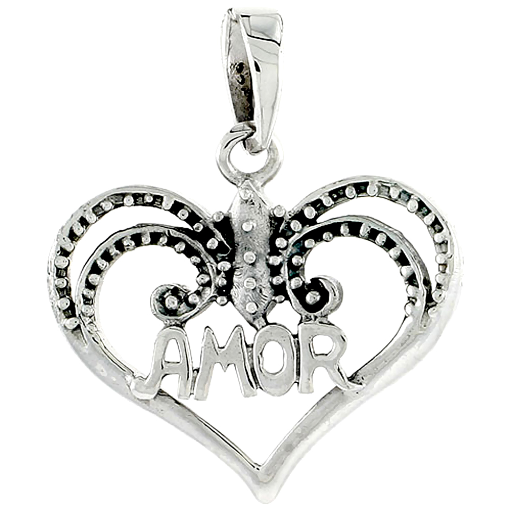 Sterling Silver AMOR Heart Cut-out Charm, 1 inch wide