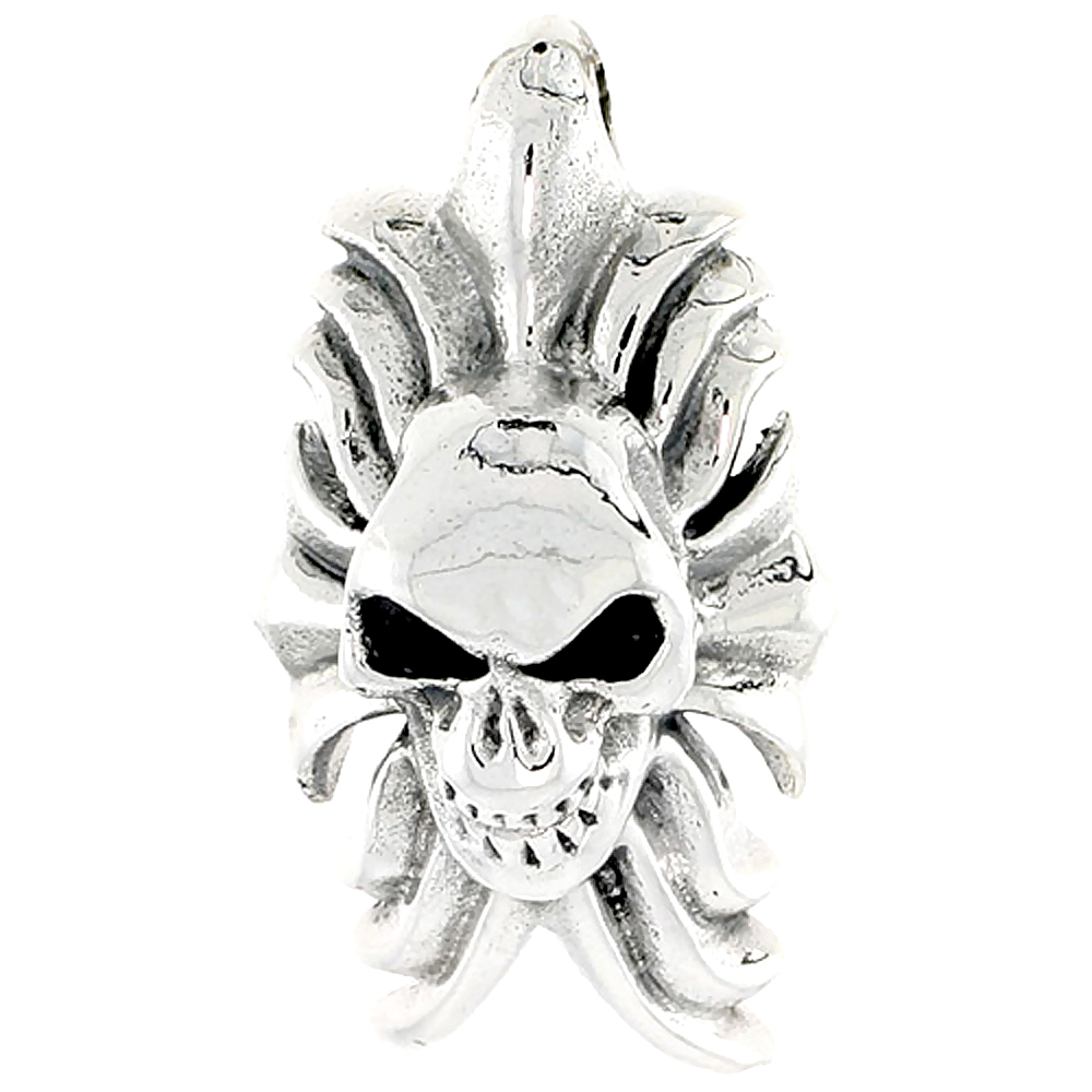 Sterling Silver Skull and Flames Charm, 1 1/8 inch tall