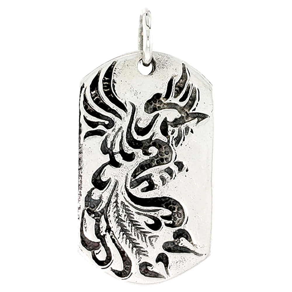 Sterling Silver Peacock Dog Tag Charm, 1 1/2 inch tall
