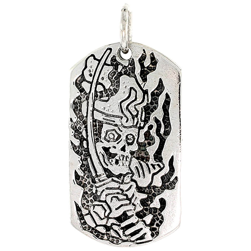 Sterling Silver Dog Tag Skull &amp; Sword Charm, 1 1/2 inch tall