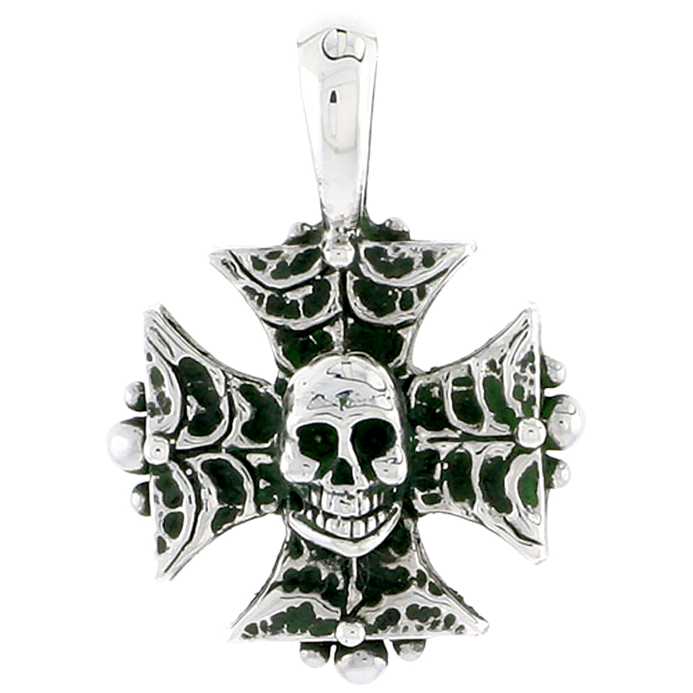 Sterling Silver Iron Cross w/ Skull Charm, 3/4 inch tall