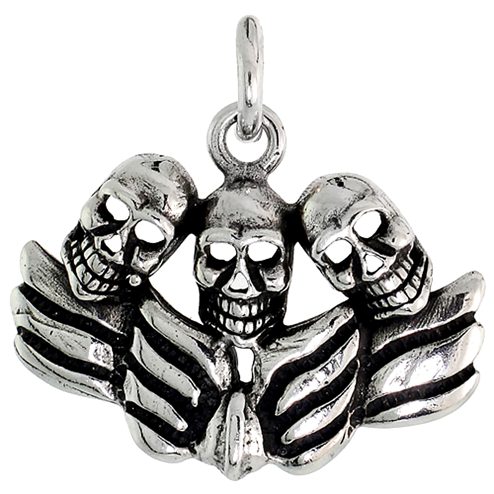 Sterling Silver Winged Skulls Charm, 3/4 inch tall