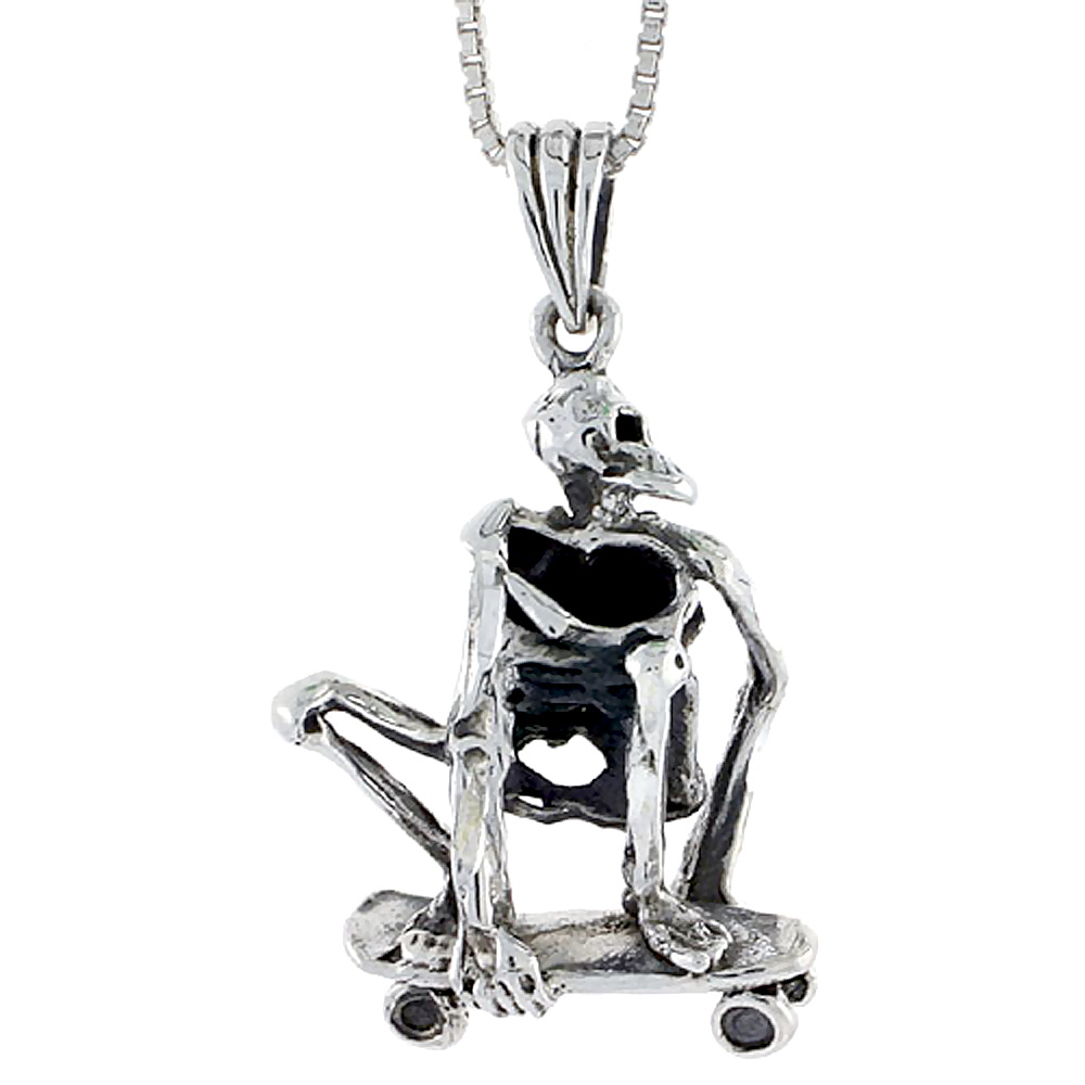 Sterling Silver Skateboarded Skeleton Pendant, 1 inch tall