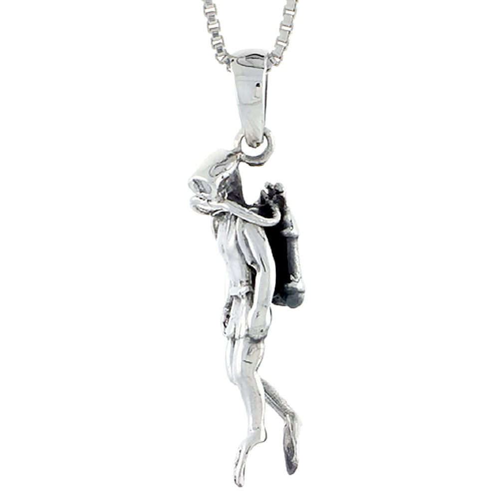 Sterling Silver Scuba Diver Pendant, 1 1/8 inch tall