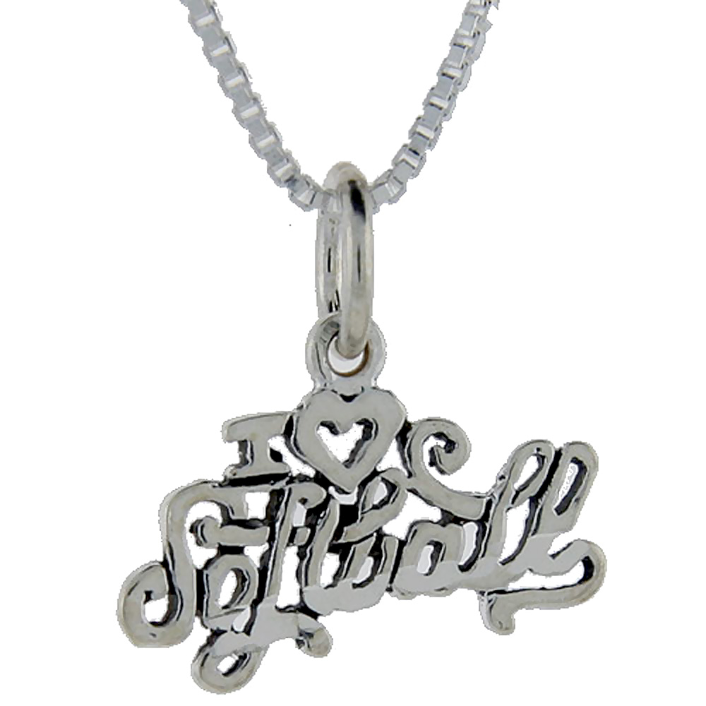 Sterling Silver I Love Softball Word Pendant, 1 inch wide