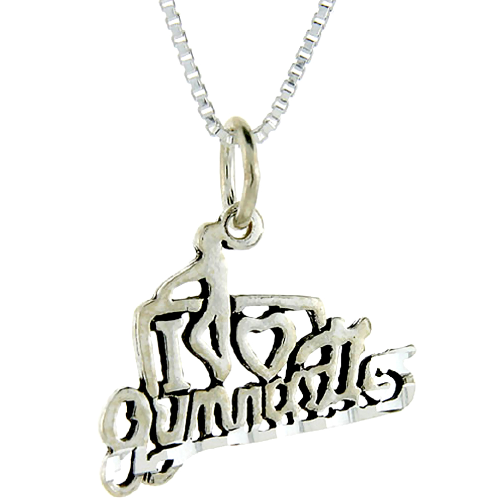 Sterling Silver I Love Gymnastics Word Pendant, 1 inch wide