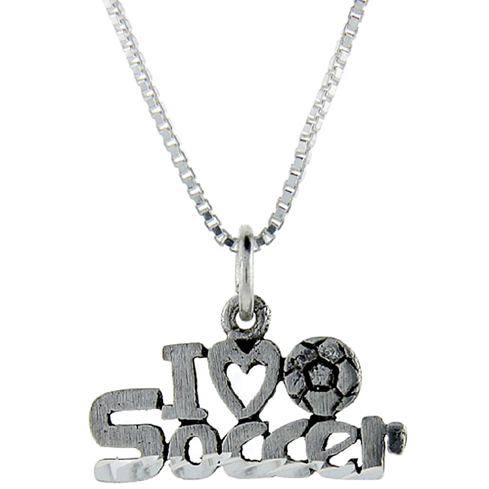 Sterling Silver I Love Soccer 1 inch wide Word Pendant.