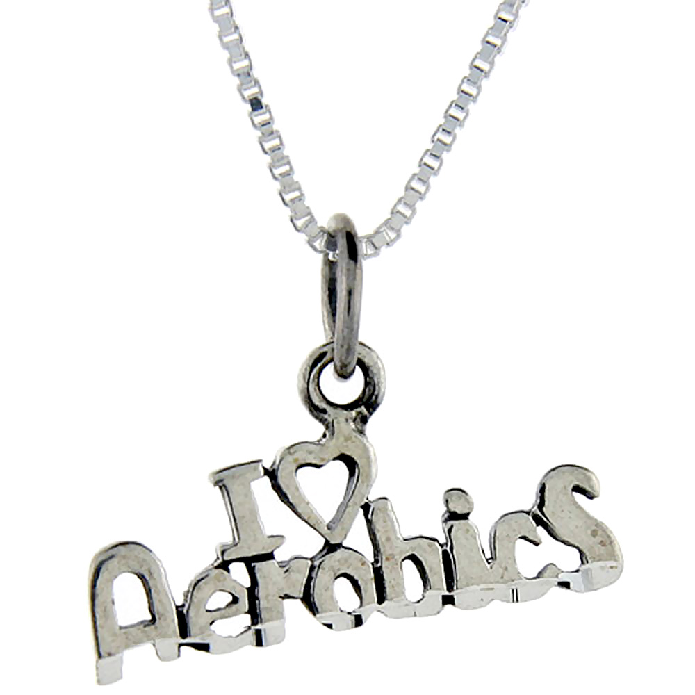 Sterling Silver I Love Aerobics 1 inch wide Word Pendant.