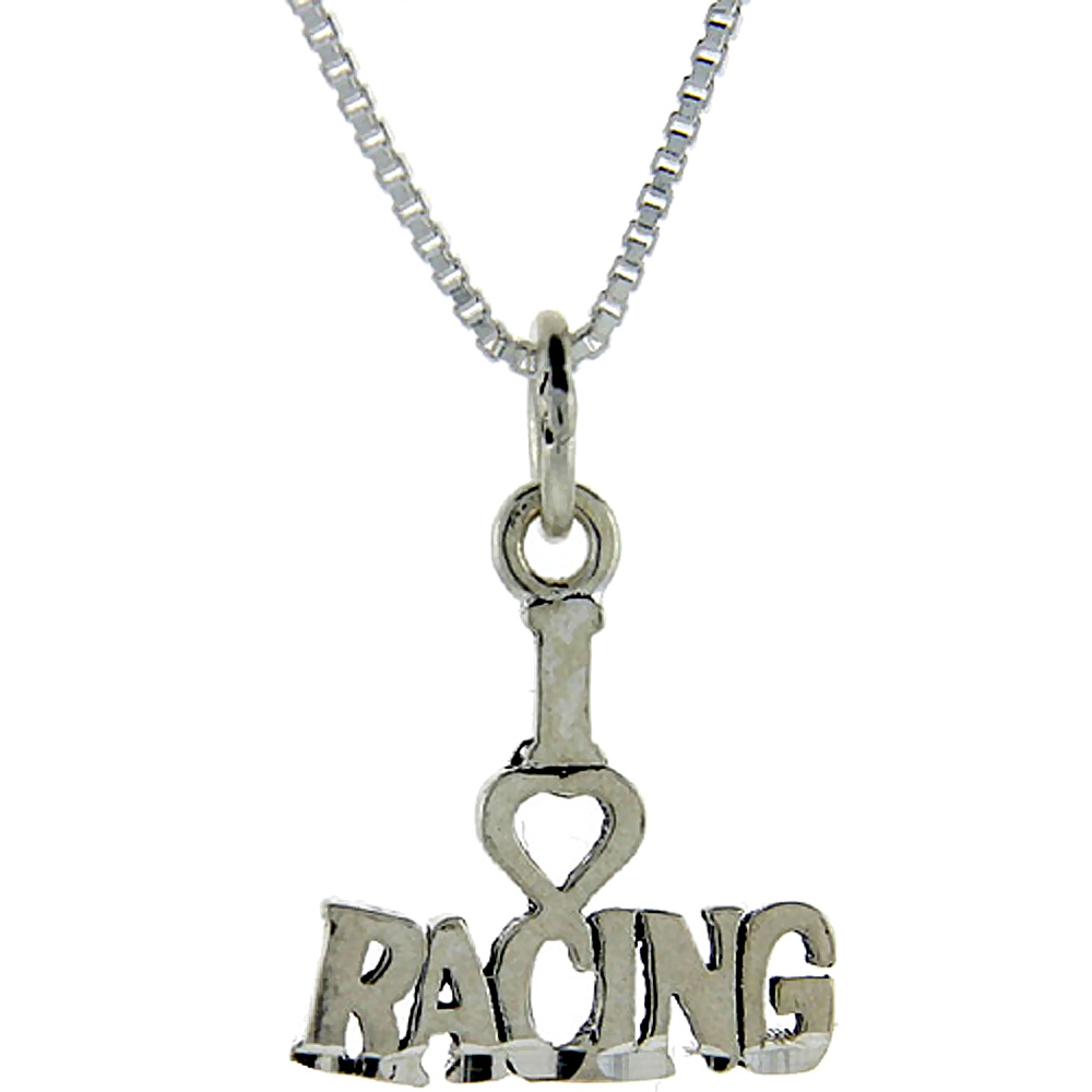 Sterling Silver I Love Racing 1 inch wide Word Pendant.