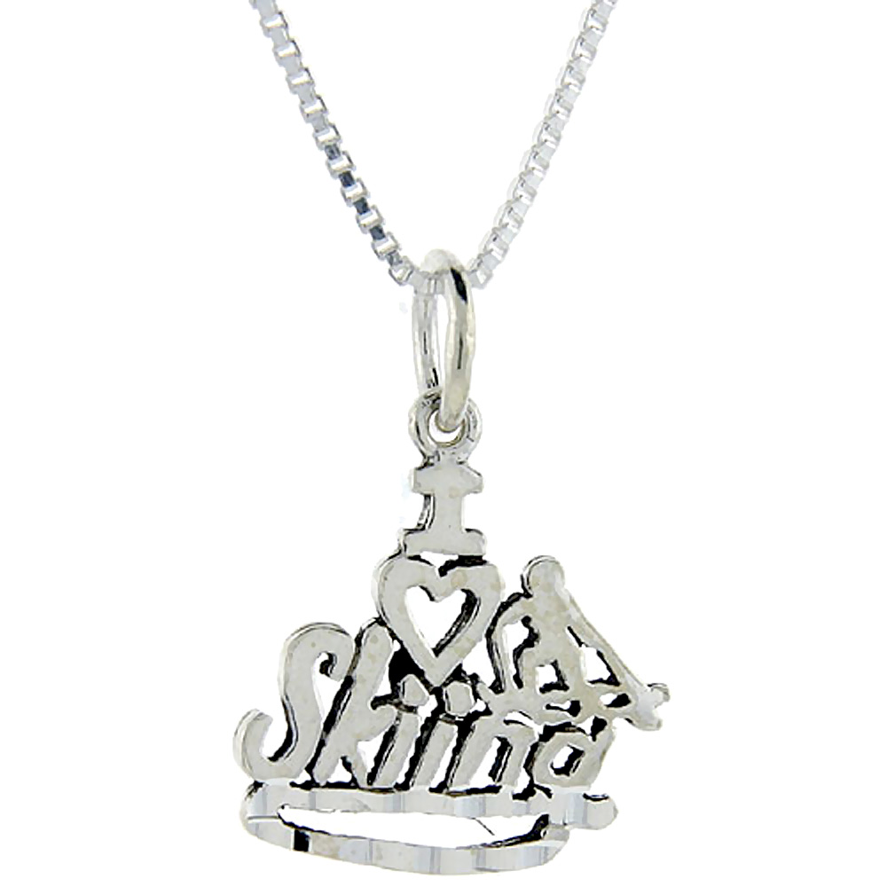 Sterling Silver I Love Skiing 1 inch wide Word Pendant.