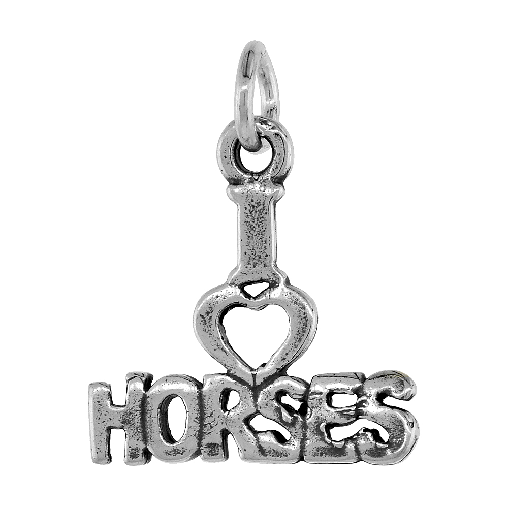 Sterling Silver I Love Horses 1 inch wide Word Pendant.