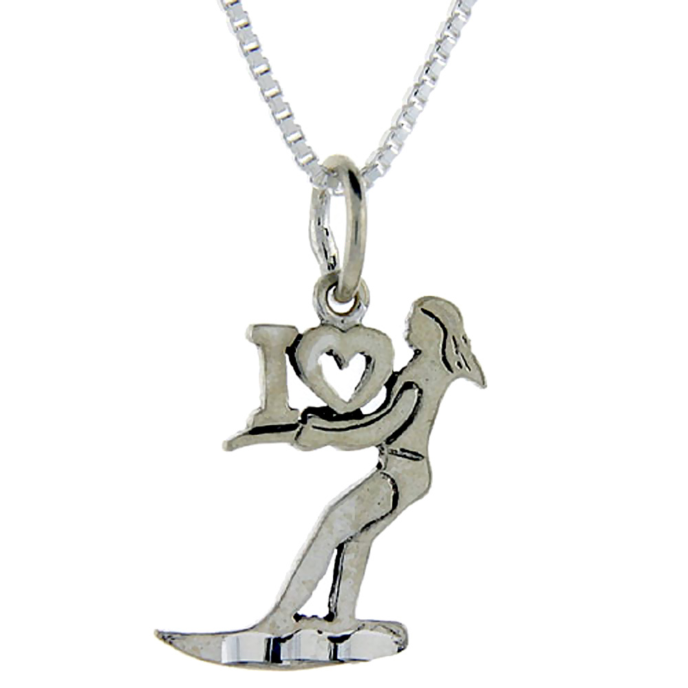 Sterling Silver I Love Surfing 1 inch wide Word Pendant.