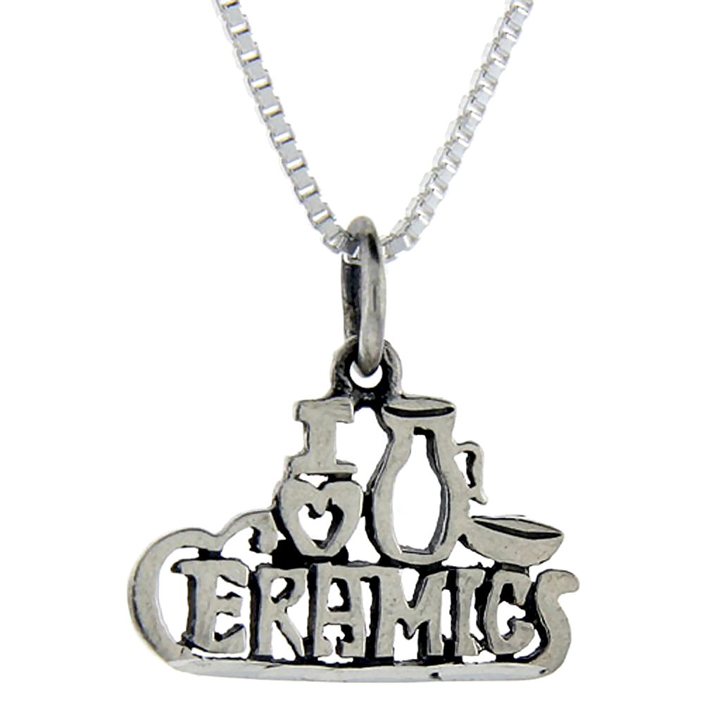 Sterling Silver I Love Ceramics 1 inch wide Word Pendant.