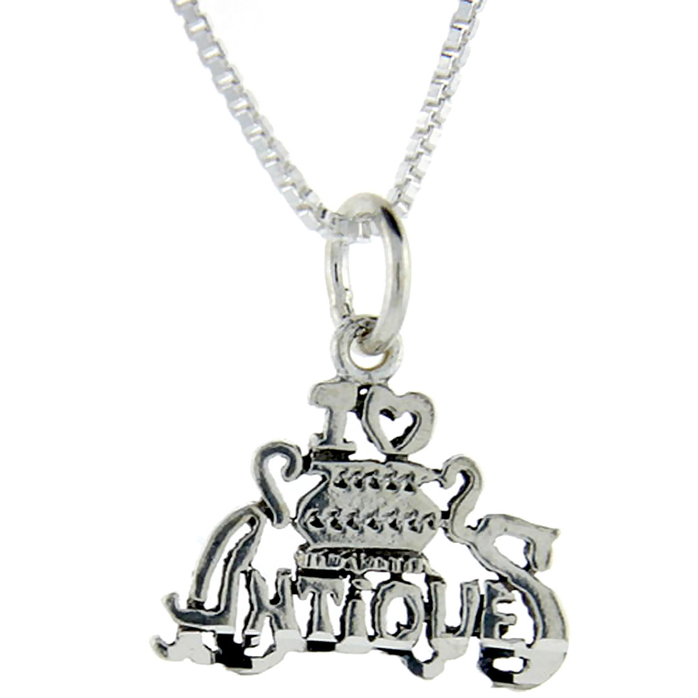 Sterling Silver I Love Antiques 1 inch wide Word Pendant.