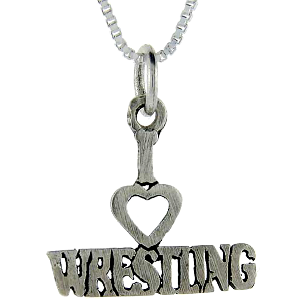 Sterling Silver I Love Wrestling 1 inch wide Word Pendant.
