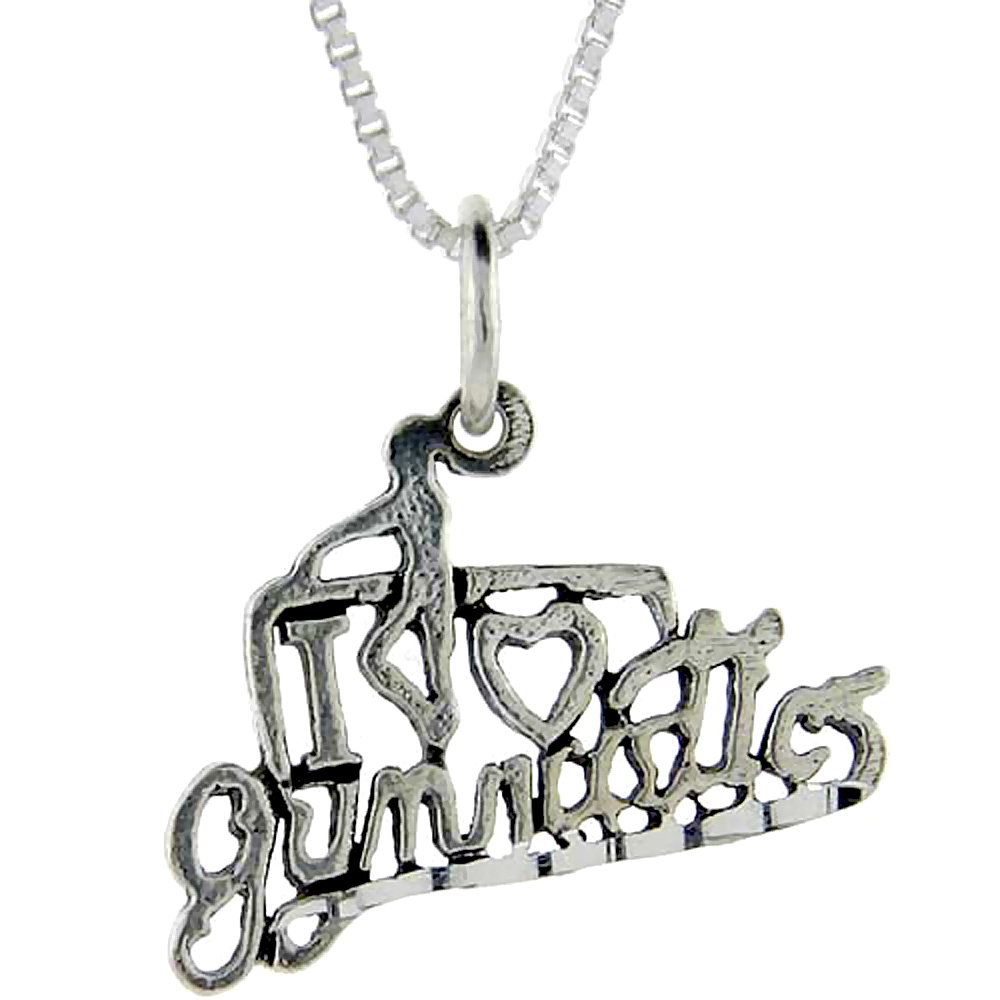 Sterling Silver I Love Gymnastics 1 inch wide Word Pendant.