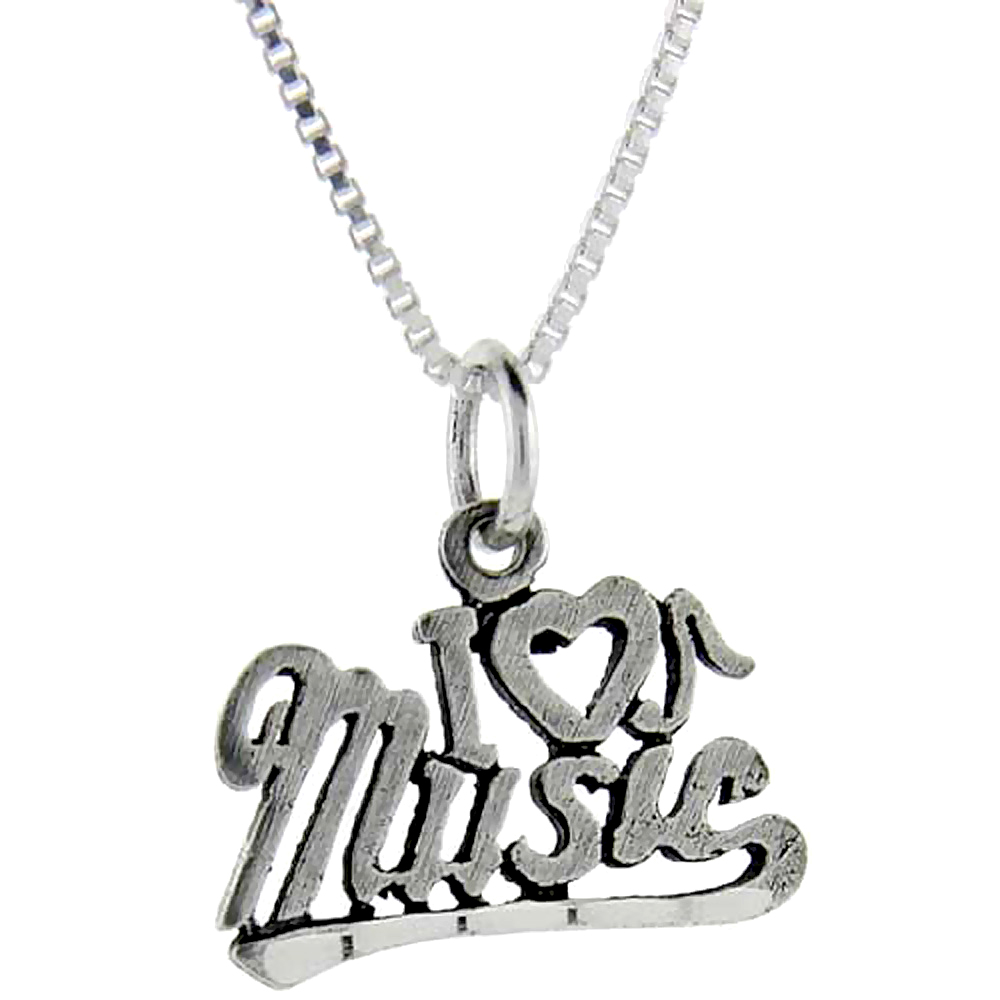 Sterling Silver I Love Music 1 inch wide Word Pendant.