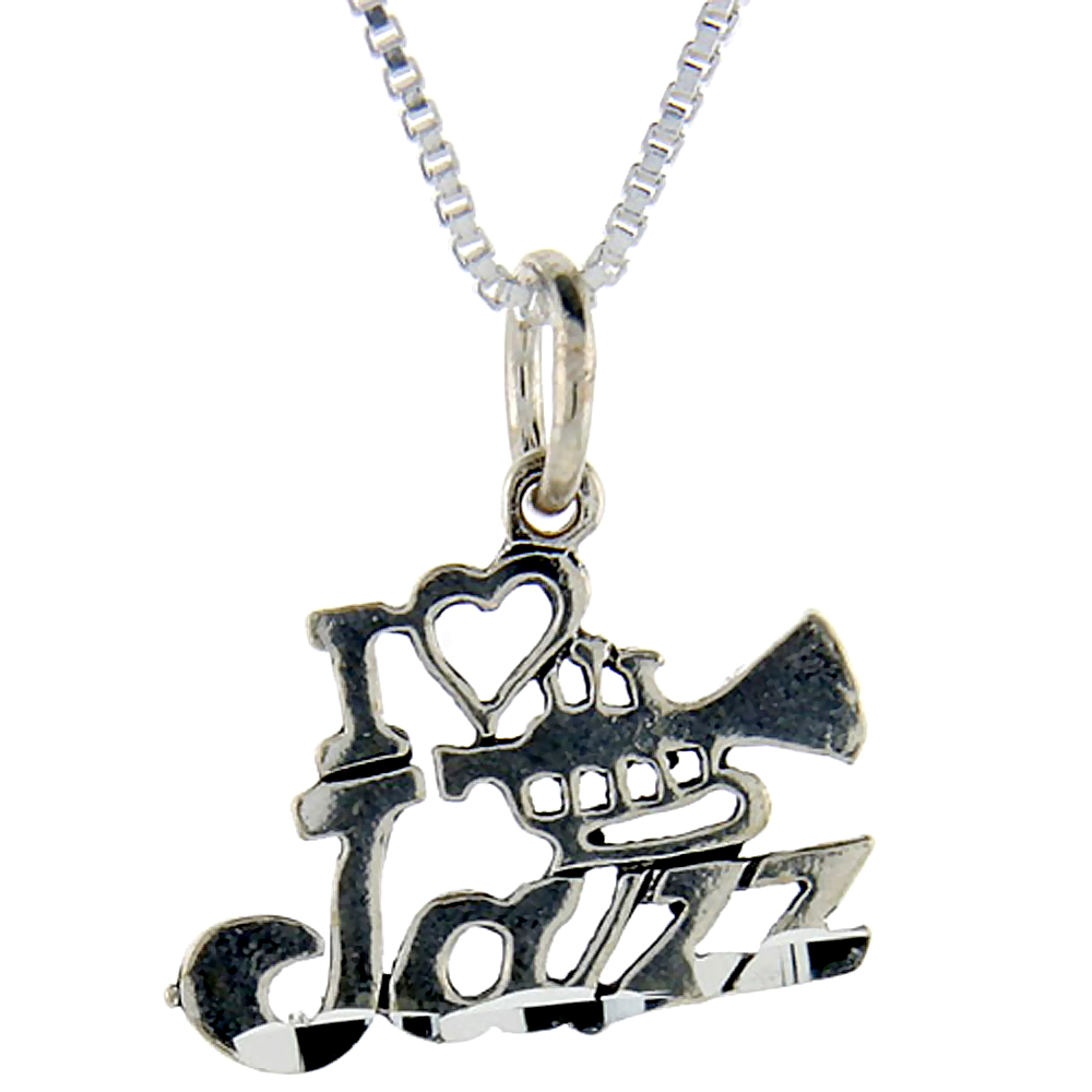 Sterling Silver I Love Jazz 1 inch wide Word Pendant.