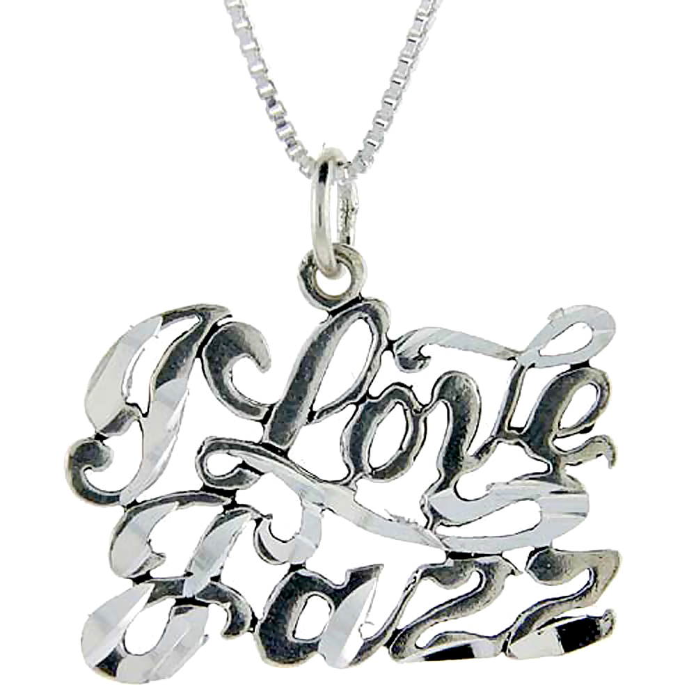 Sterling Silver I Love Jazz Word Pendant, 1 inch wide