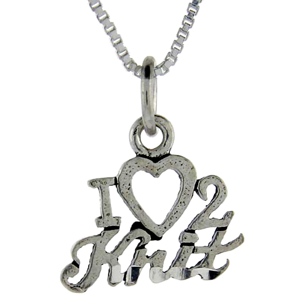 Sterling Silver I Love 2 Knit Word Pendant, 1 inch wide
