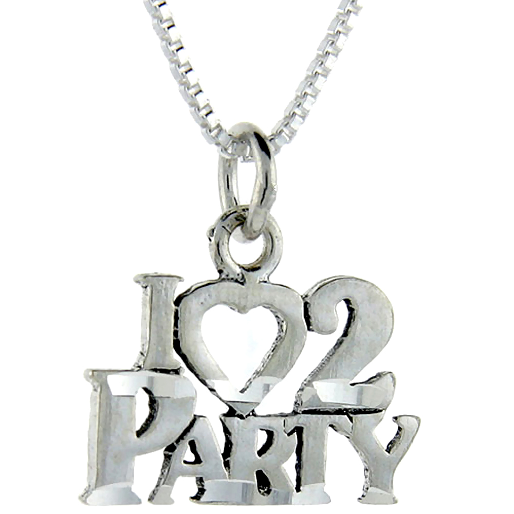 Sterling Silver I Love 2 Party Word Pendant, 1 inch wide