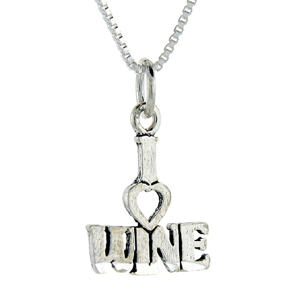 Sterling Silver I Love Wine Word Pendant, 1 inch wide