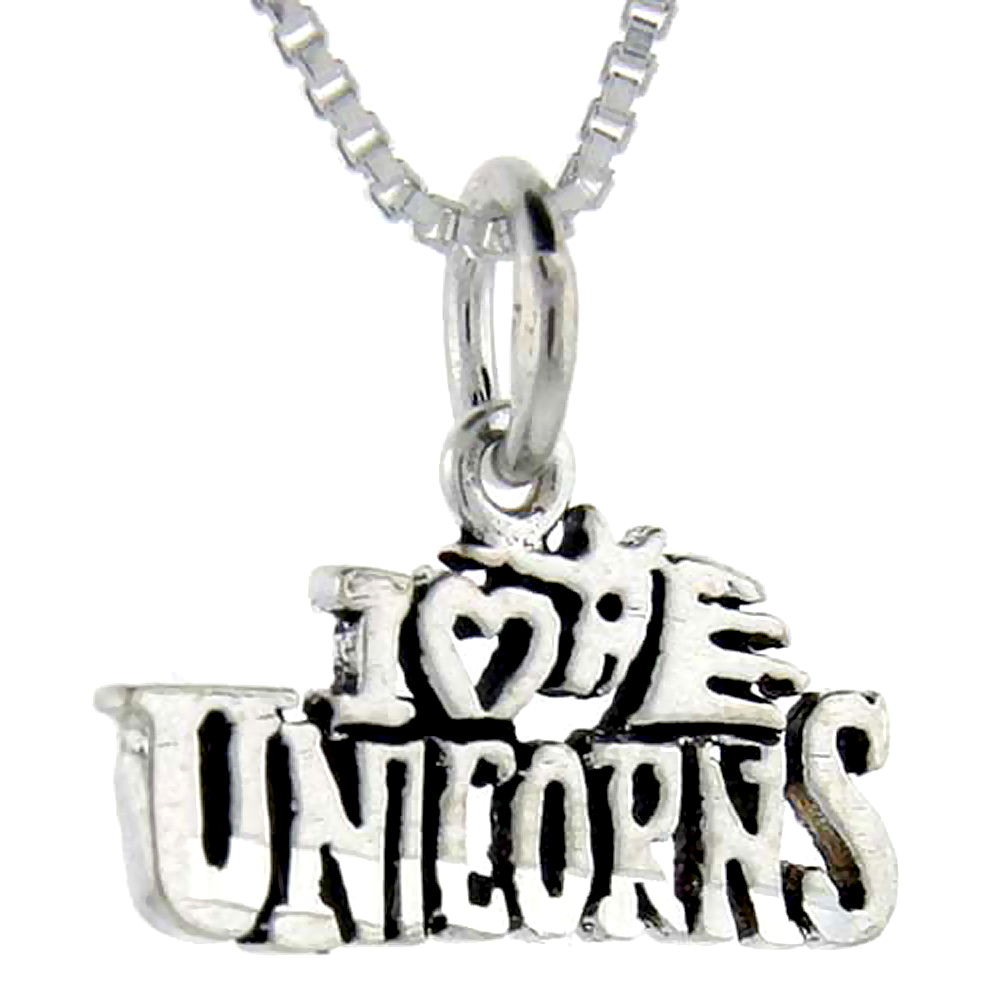 Sterling Silver I Love Unicorns Word Pendant, 1 inch wide