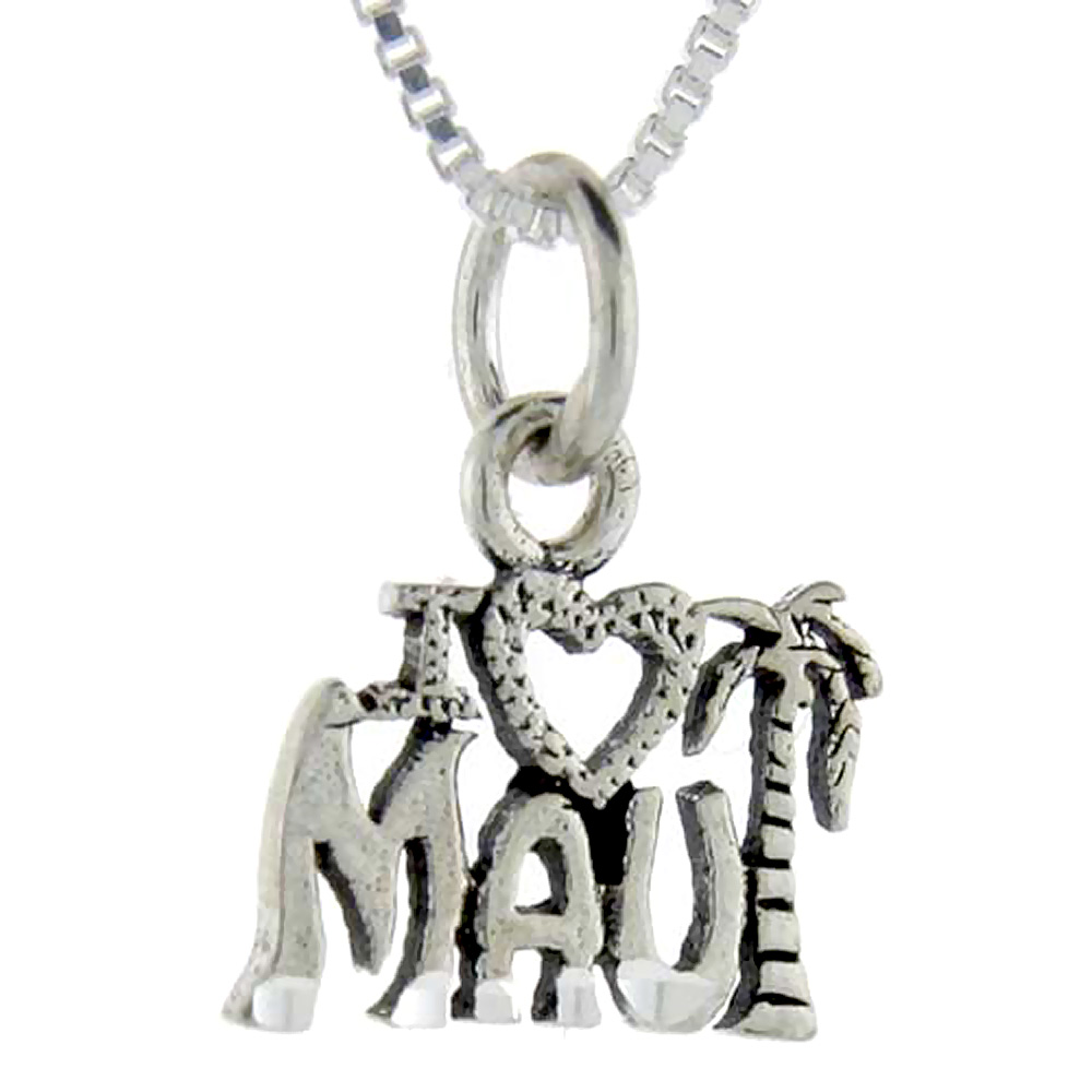 Sterling Silver I Love Maui Word Pendant, 1 inch wide