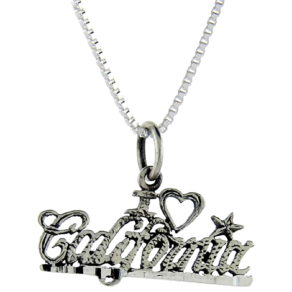 Sterling Silver I Love California Word Pendant, 1 inch wide