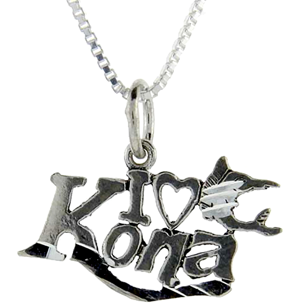 Sterling Silver I Love Kona Word Pendant, 1 inch wide