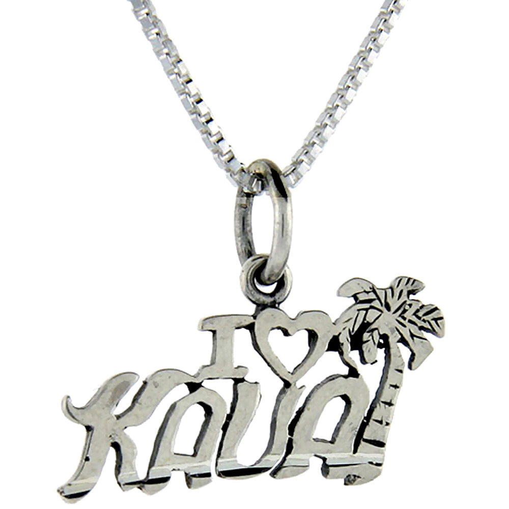 Sterling Silver I Love Kauai Word Pendant, 1 inch wide