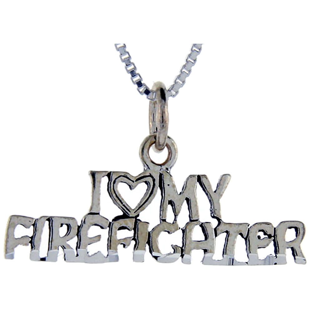 Sterling Silver I Love My Firefighter Word Pendant, 1 inch wide