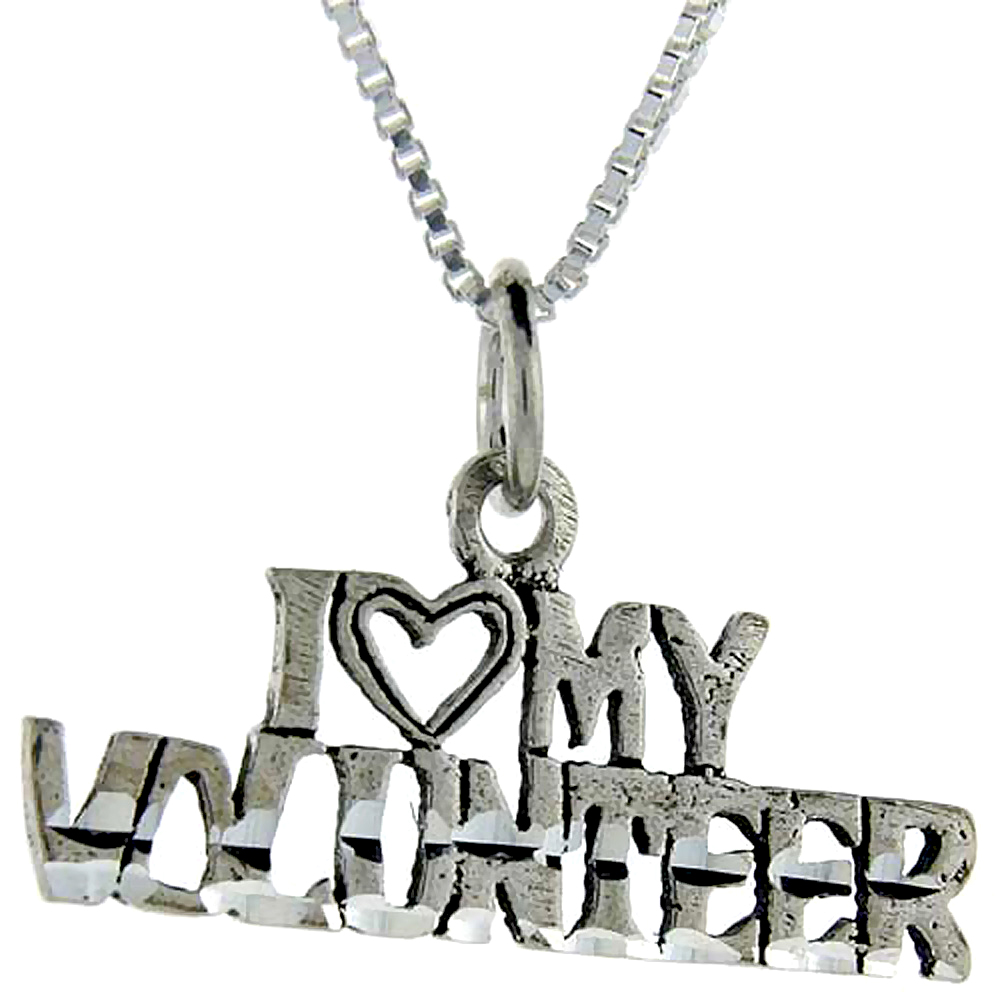 Sterling Silver I Love My Volunteer Word Pendant, 1 inch wide