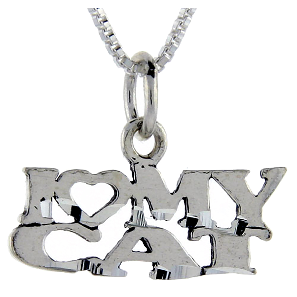 Sterling Silver I Love My Cat Word Pendant, 1 inch wide