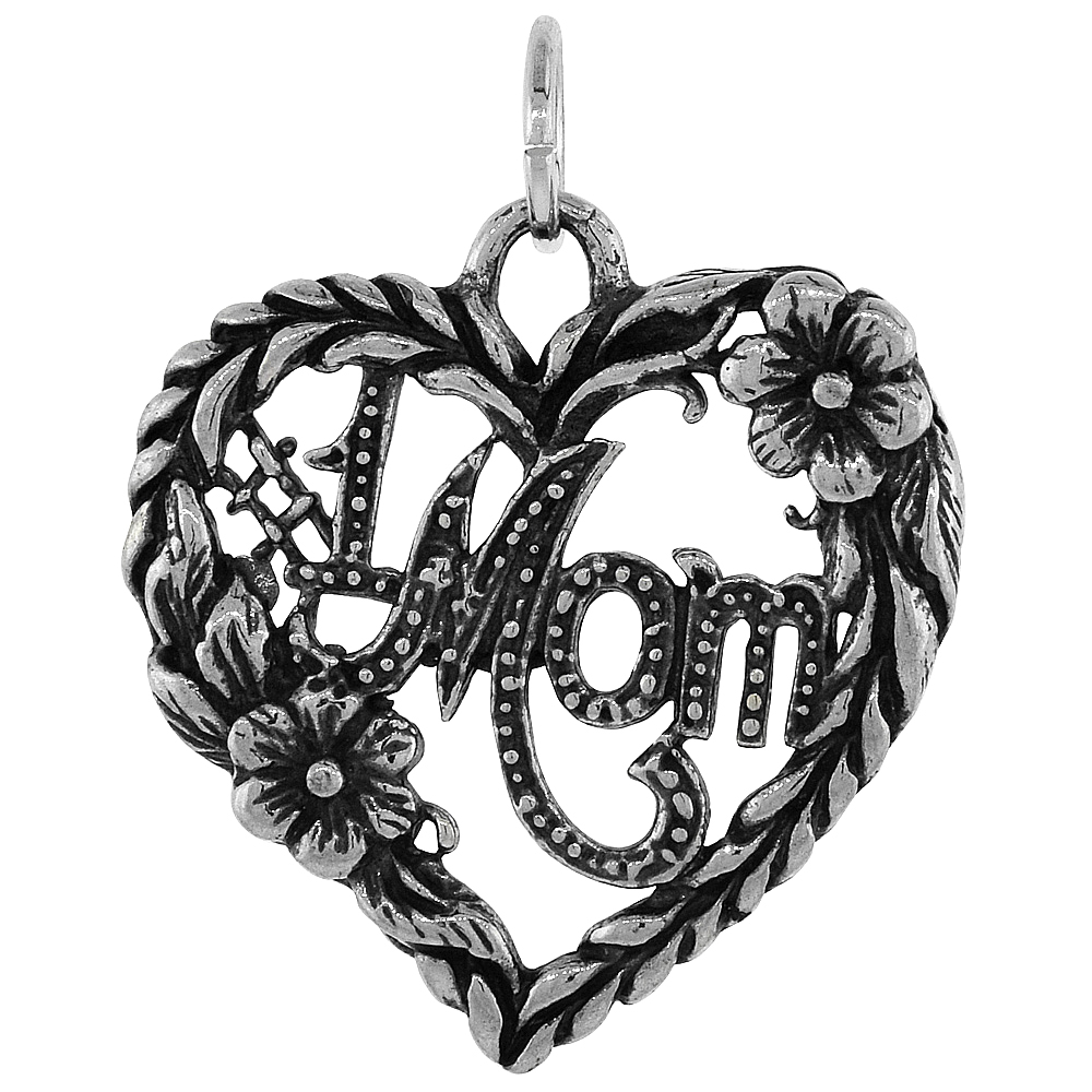 Sterling Silver Number 1 Mom Word Pendant, 1 inch wide