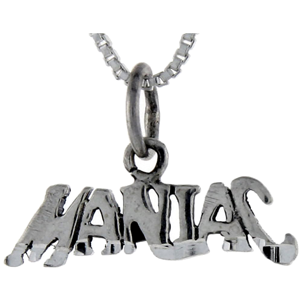 Sterling Silver Maniac Word Pendant, 1 inch wide
