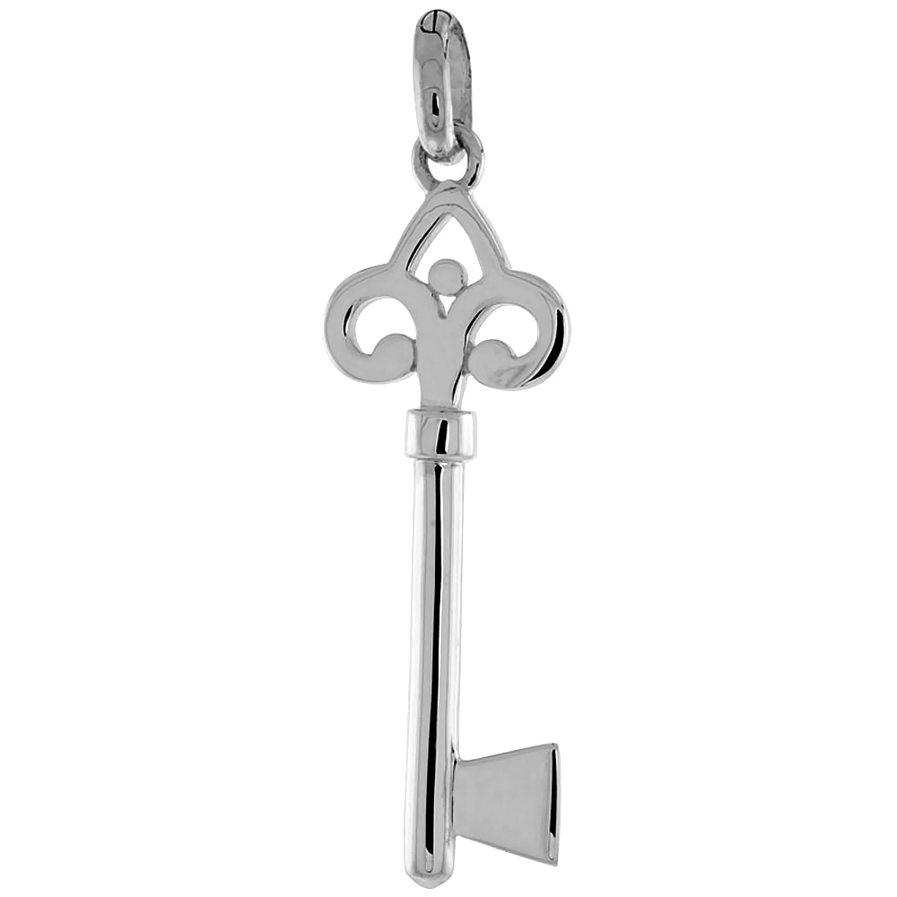 Sterling Silver Vintage Design Skeleton Key Pendant Fleur de Lis Bow Flawless Polished Finish 1 1/2 inch