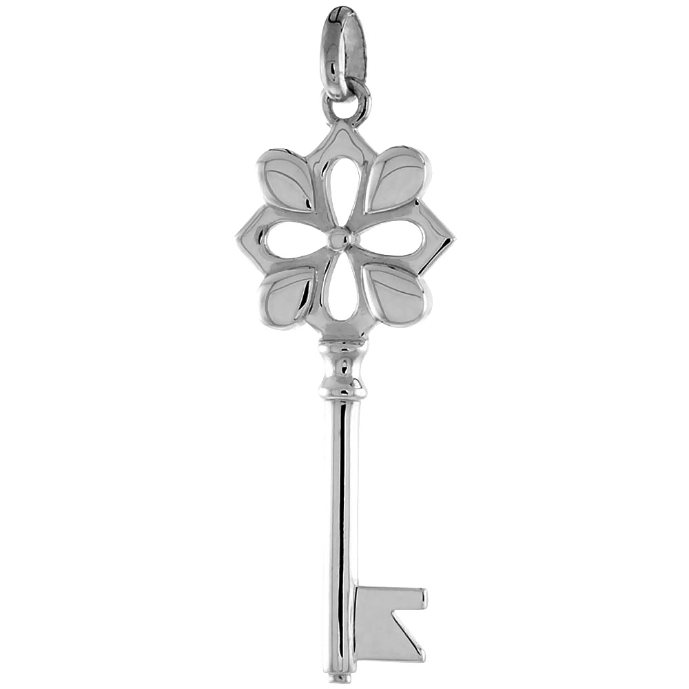 Sterling Silver Vintage Design Skeleton Key Pendant Rhombus Bow Flawless Polished Finish 1 1 inch