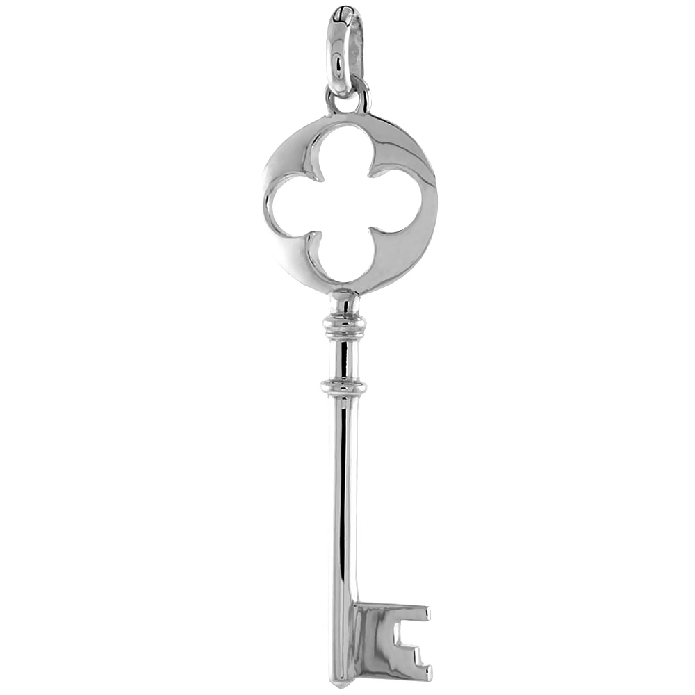 Sterling Silver Vintage Design Skeleton Key Pendant Round Quatrefoil Bow Flawless Polished Finish 2 1/16 inch