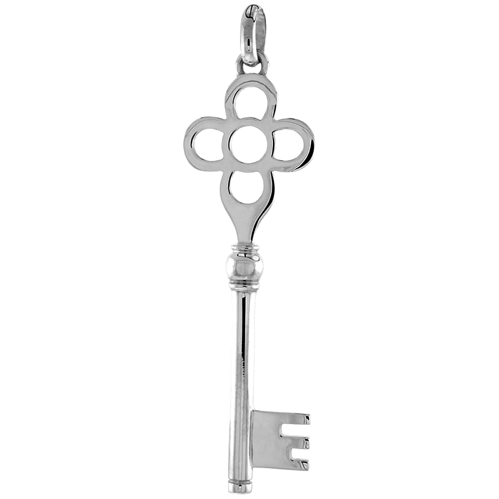 Sterling Silver Vintage Design Skeleton Key Pendant Quatrefoil w/ Circle Bow Flawless Polished Finish 2 3/16 inch