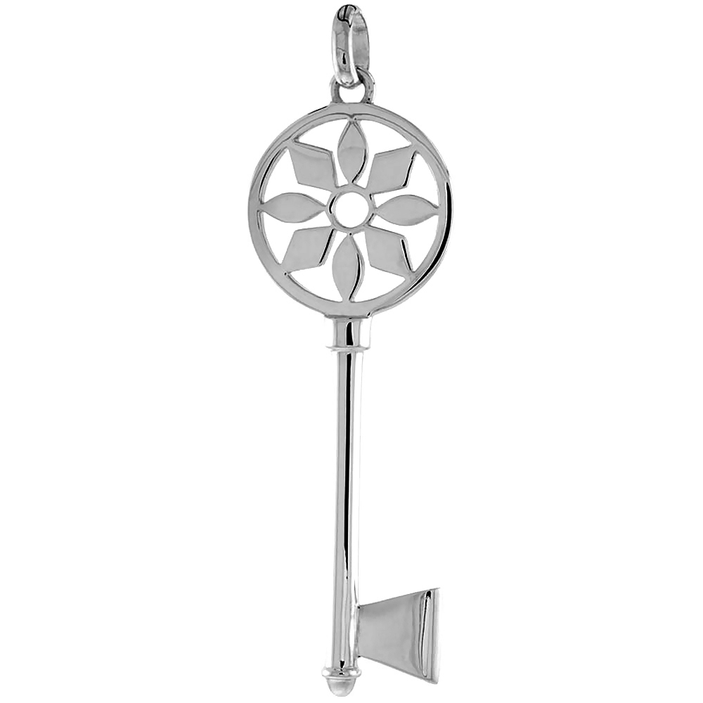 Sterling Silver Vintage Design Skeleton Key Pendant 8 Spoked Bow Flawless Polished Finish 2 1/4 inch