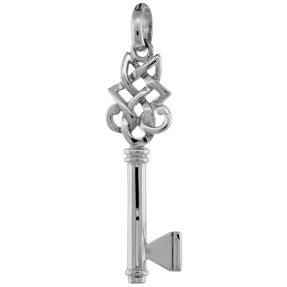 Sterling Silver Vintage Design Skeleton Key Pendant Celtic Knot Bow Flawless Polished Finish 1 5/8 inch