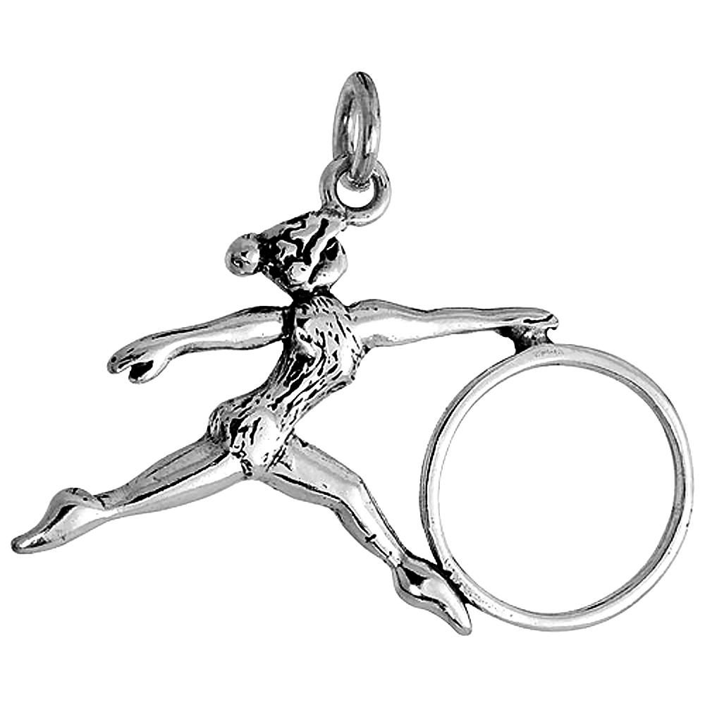 Sterling Silver Gymnast with Hula Hoop Pendant Flawless Quality, 7/8 inch wide