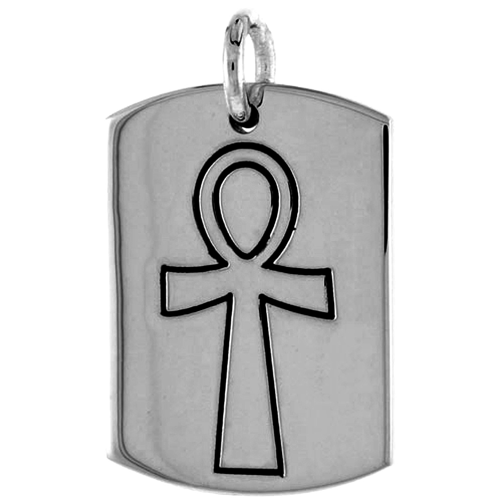 Sterling Silver Dog Tag with Egyptian Ankh, 1 3/16 inch wide