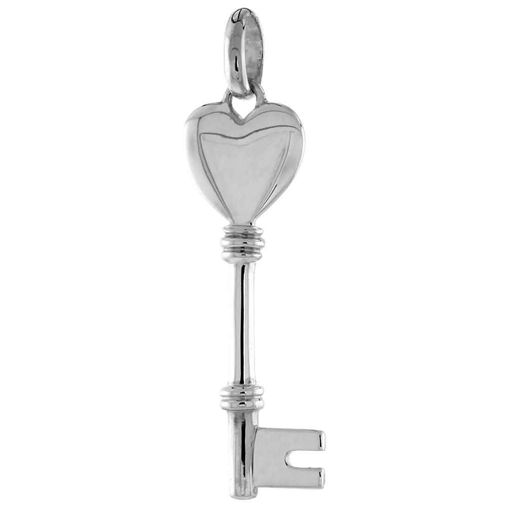 Sterling Silver Vintage Design Skeleton Key Pendant Solid Heart Bow Flawless Polished Finish 1 1/2 inch