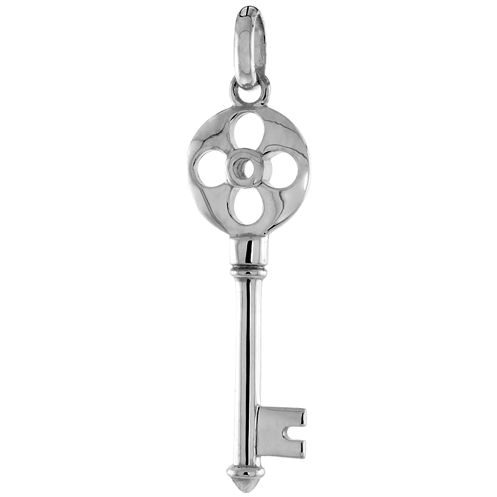 Sterling Silver Vintage Design Skeleton Key Pendant Round Quatrefoil with Circle Bow Flawless Polished Finish 1 1/2 inch