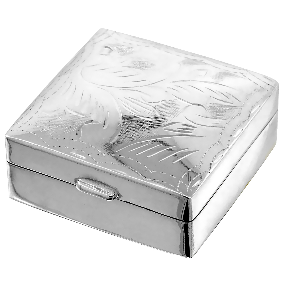 Sterling Silver Pill Box Square Shape Engraved Finish 1 1/8 x 1 1/8 inch